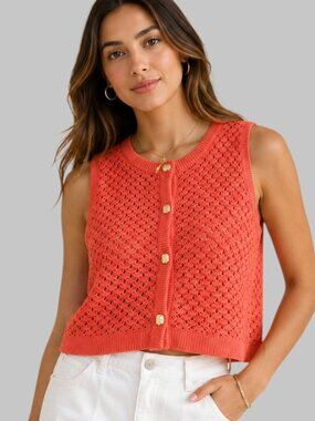 Fisoew Womens Crochet Knit Tank Top W/Gold Button Details Red/Orange Large